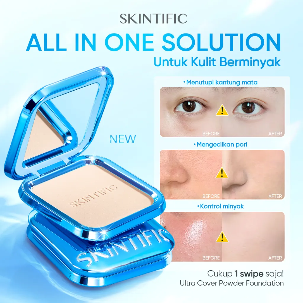 [SKINTIFIC CERTIFIED] Ultra Cover Powder Foundation 9g |  Two Way Cake Pressed Powder Matte Memberikan efek pore blurring dan coverage tinggi dalam satu swipe Invisiblur All Day Loose Powder Menjaga ketahanan makeup dan menahan minyak selama 16 jam