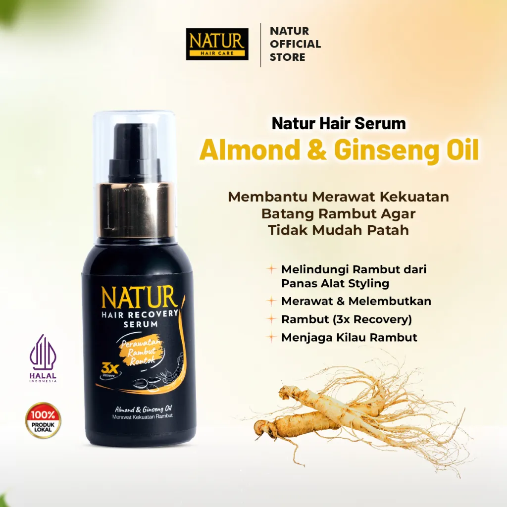 Natur Hair Recovery Serum Almond & Ginseng Oil 60 ml - Paket Menguatkan Akar Rambut Rontok / Anti Hair Fall