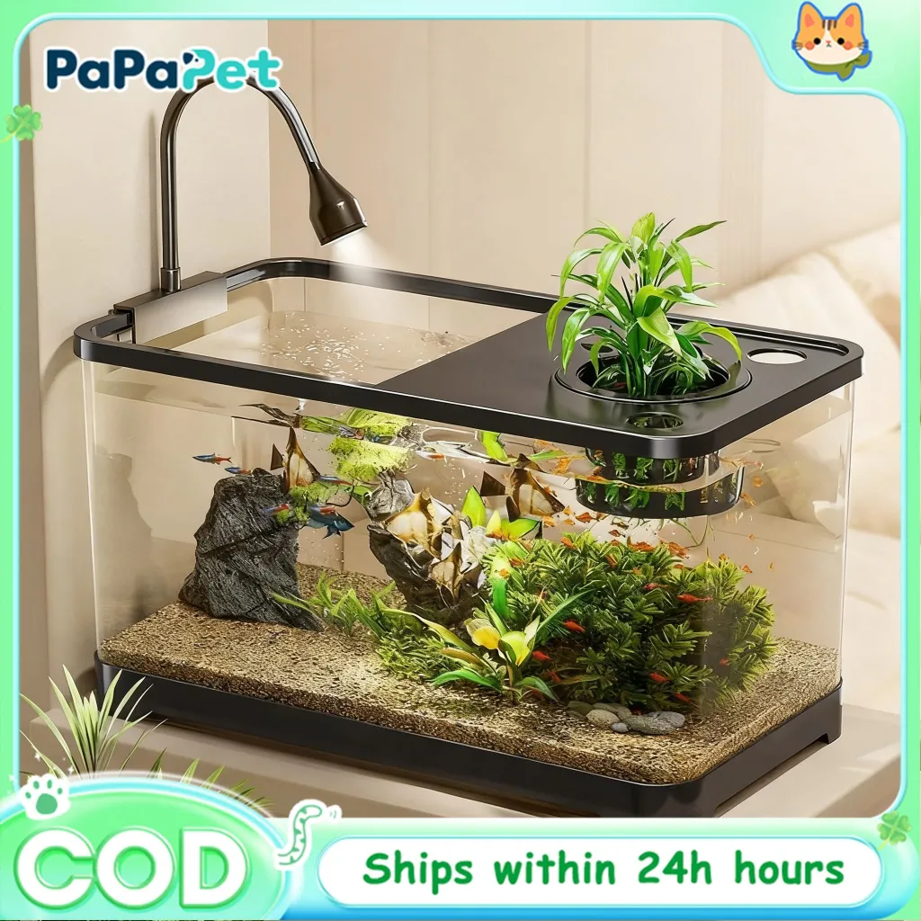 GREENPETS Akuarium Mini Akrilik Bundar Sistem Tekanan Negatif Full Set Pompa Filter Lampu LED Siap