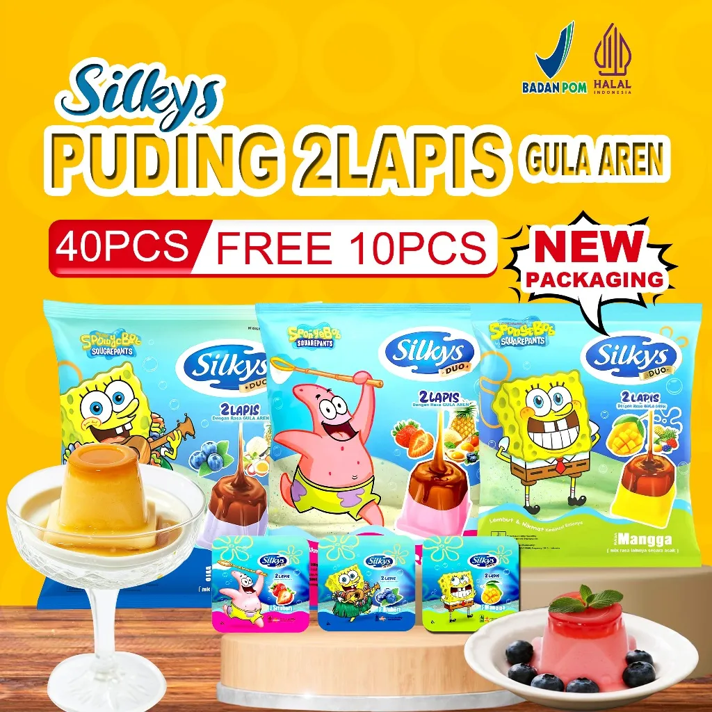 Silkys Puding 2Lapis 40PCS+10PCS FREE Total 50PCS Jelly Puding Karakter SpongeBob SquarePants Rasa Mangga Blueberry Strawberry Halal Manis - Food