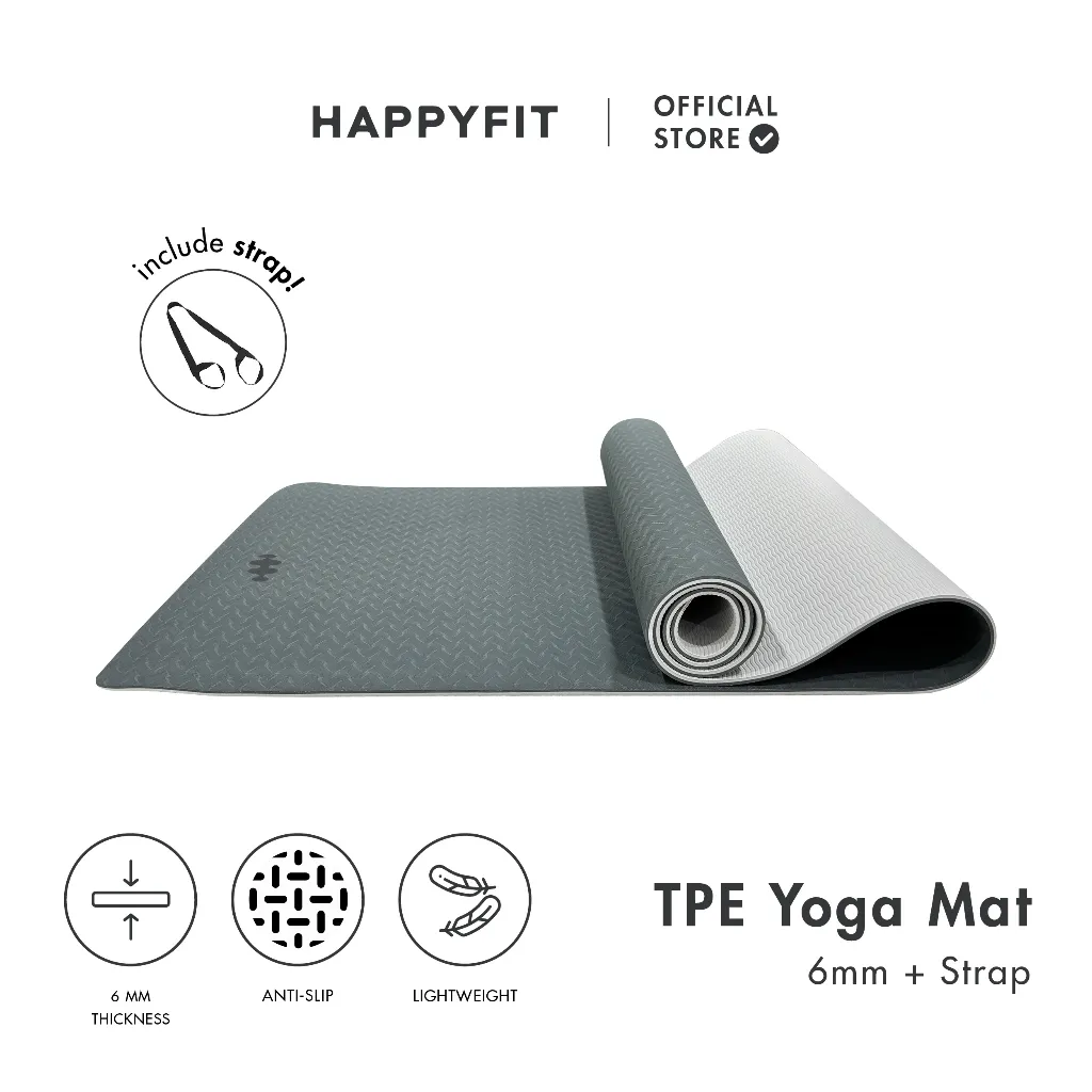 HAPPYFIT - Yoga Mat Polos TPE 6mm Eco Friendly (FREE STRAP) / Matras Yoga / Matras Olahraga / Matras TPE