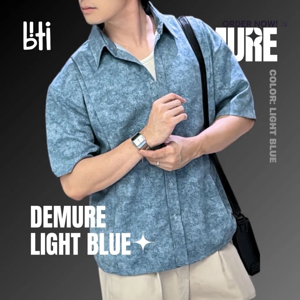 BITI Demure Shirt | Kemeja Print Motif Denim Lengan Pendek Biru Navy Pria