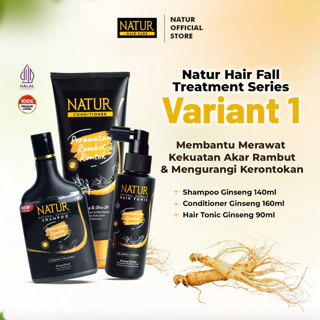 Natur Hair Fall Treatment - Paket Perawatan Haircare dengan Extract Ginseng dan Argan / Anti Hairfall (Anti Rambut Rontok) / Menguatkan serta memberi nutrisi / Vitamin Akar Rambut (Sampo, Hair Tonic, Conditioner) Shampoo & Conditioner