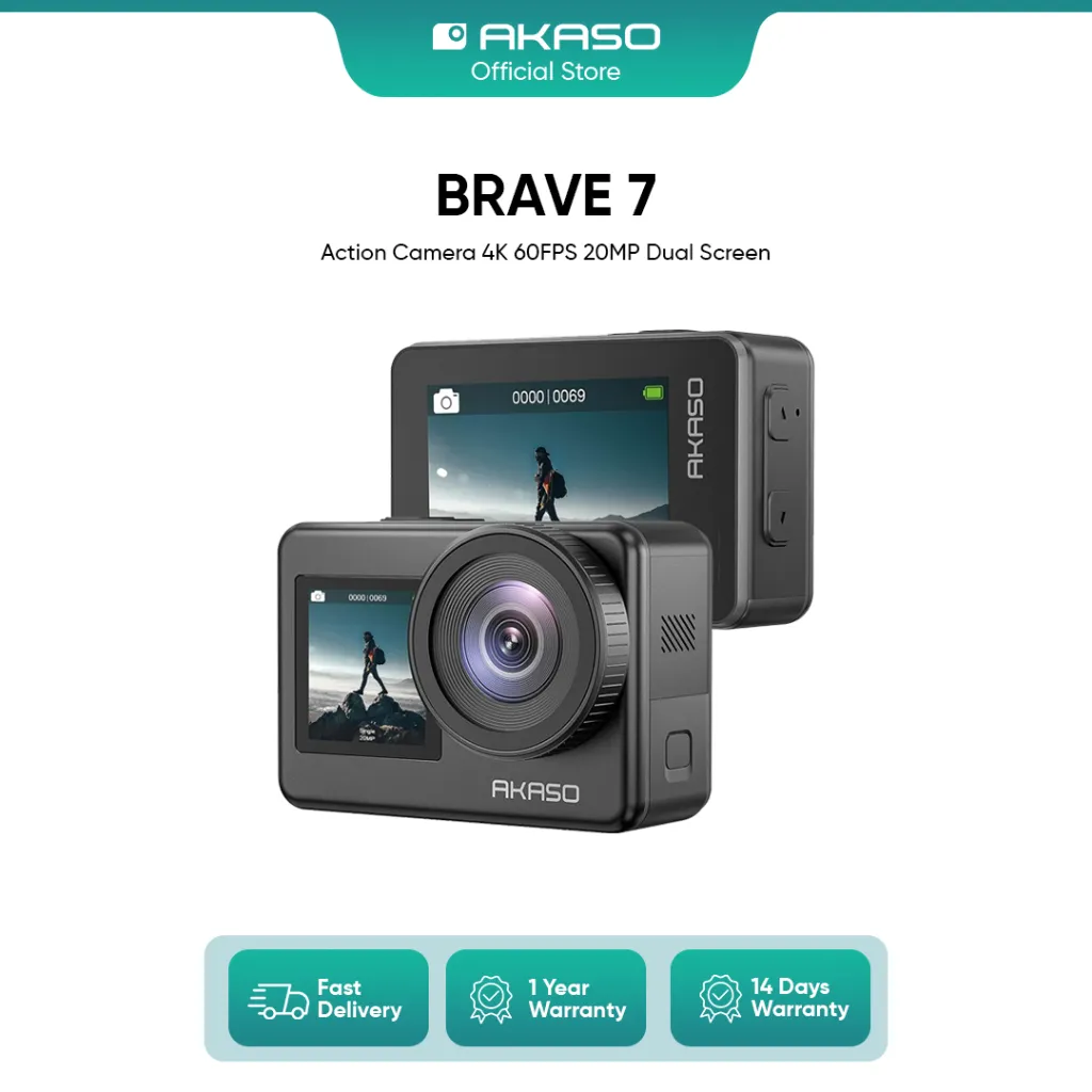 AKASO Action Camera Brave 7 New Version - 4K 60FPS 20MP Dual Screen With Remote