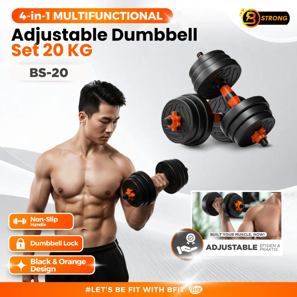 B-STRONG BS-20 Adjustable Dumbbell Set 20KG - 4-IN-1 Barbell Kettlebell Push-Up Alat Fitness Gym