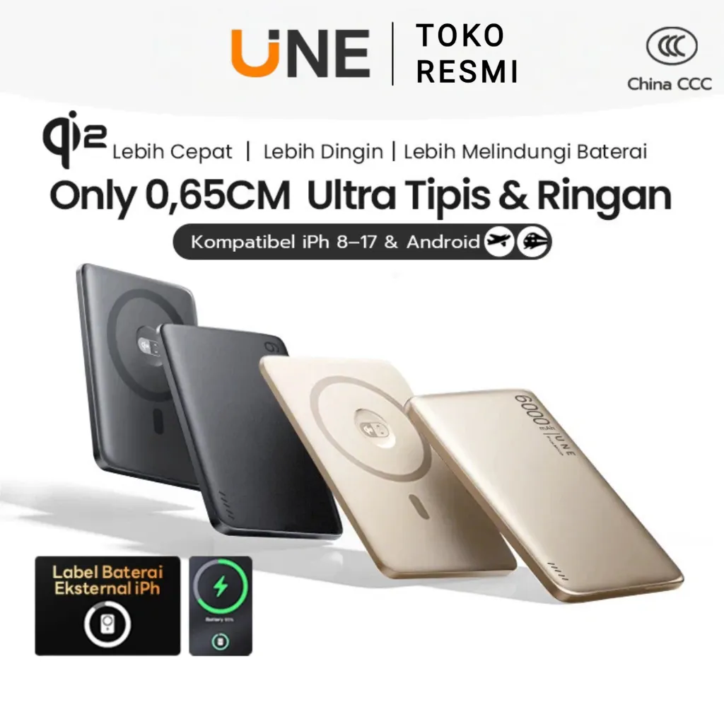 [3C + Garansi 2 Tahun] UNE 12000mAh Powerbank Fast Charging Qi2 Wireless PD20W Power Bank Mini Nirkabel untuk iPh Type C