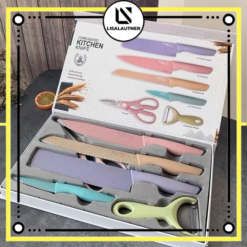 Set Pisau Dapur 6 in 1 Stainless Steel Anti Lengket Lapisan Keramik Corak Jerami Pastel
