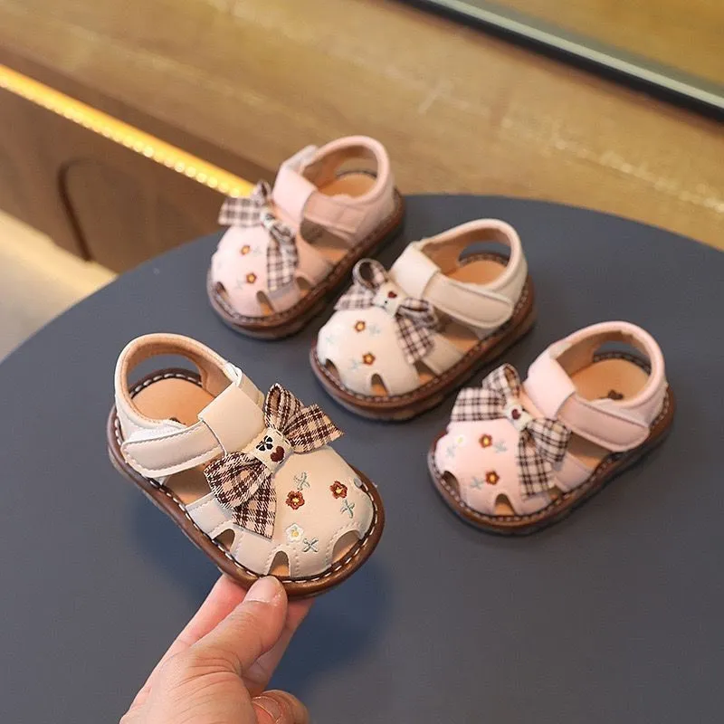 Sandal Flat Korea Anak Cewe/ Sepatu Sandal Bayi Motif Bunga Bordir Pita KODE D3/ Flatshoes anak perempuan