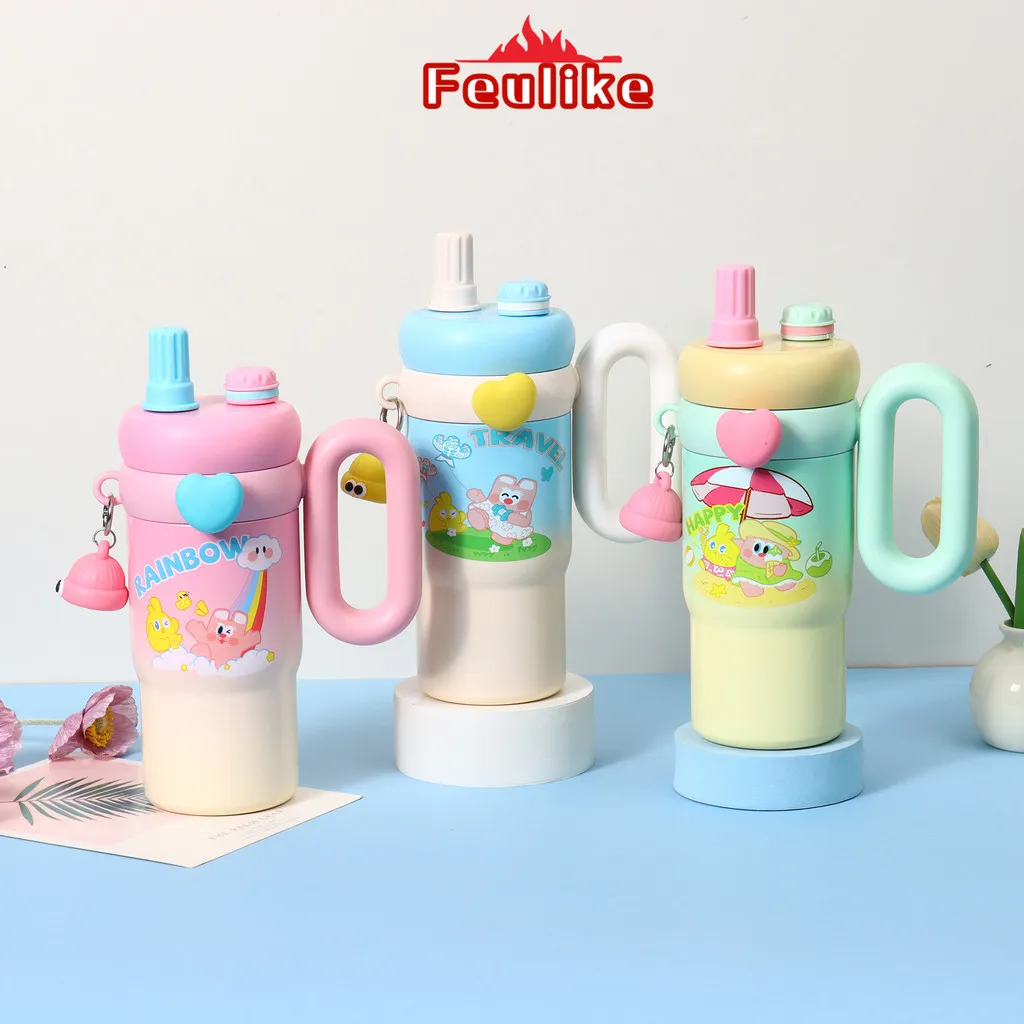 Feulike  850ml Lucu Tumbler Stainless Aesthetic Anak Sedotan Botol Minum Tahan Dingin Anti Bocor