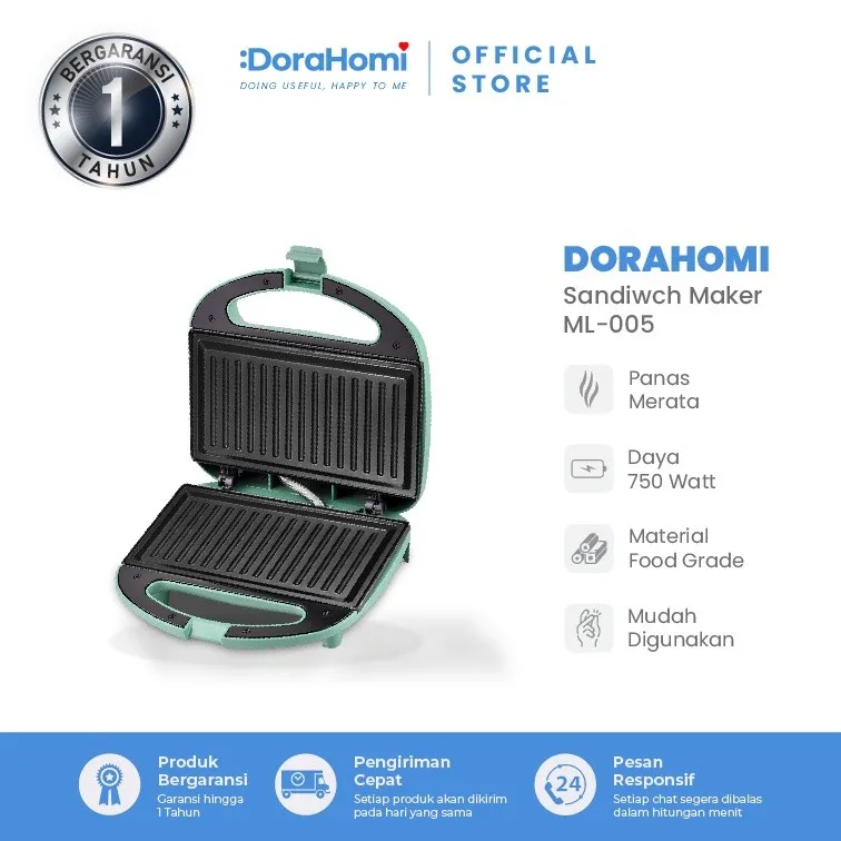 Dorahomi Sandwich Maker Toaster Alat Pemanggang Roti Bakar Pemanggang Roti Toaster Low Watt 750W Anti Lengket