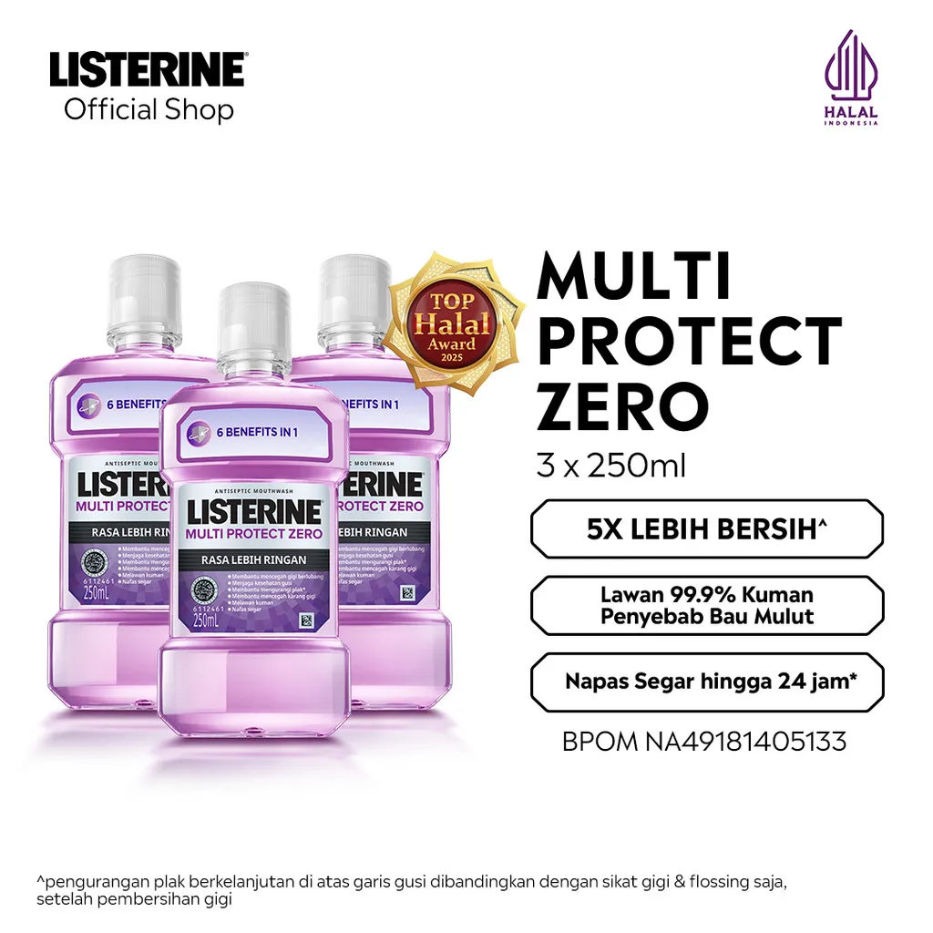 LISTERINE Multi Protect Zero Antiseptic Mouthwash /Obat Kumur Antiseptik 250 ml - No Alcohol - Isi 3