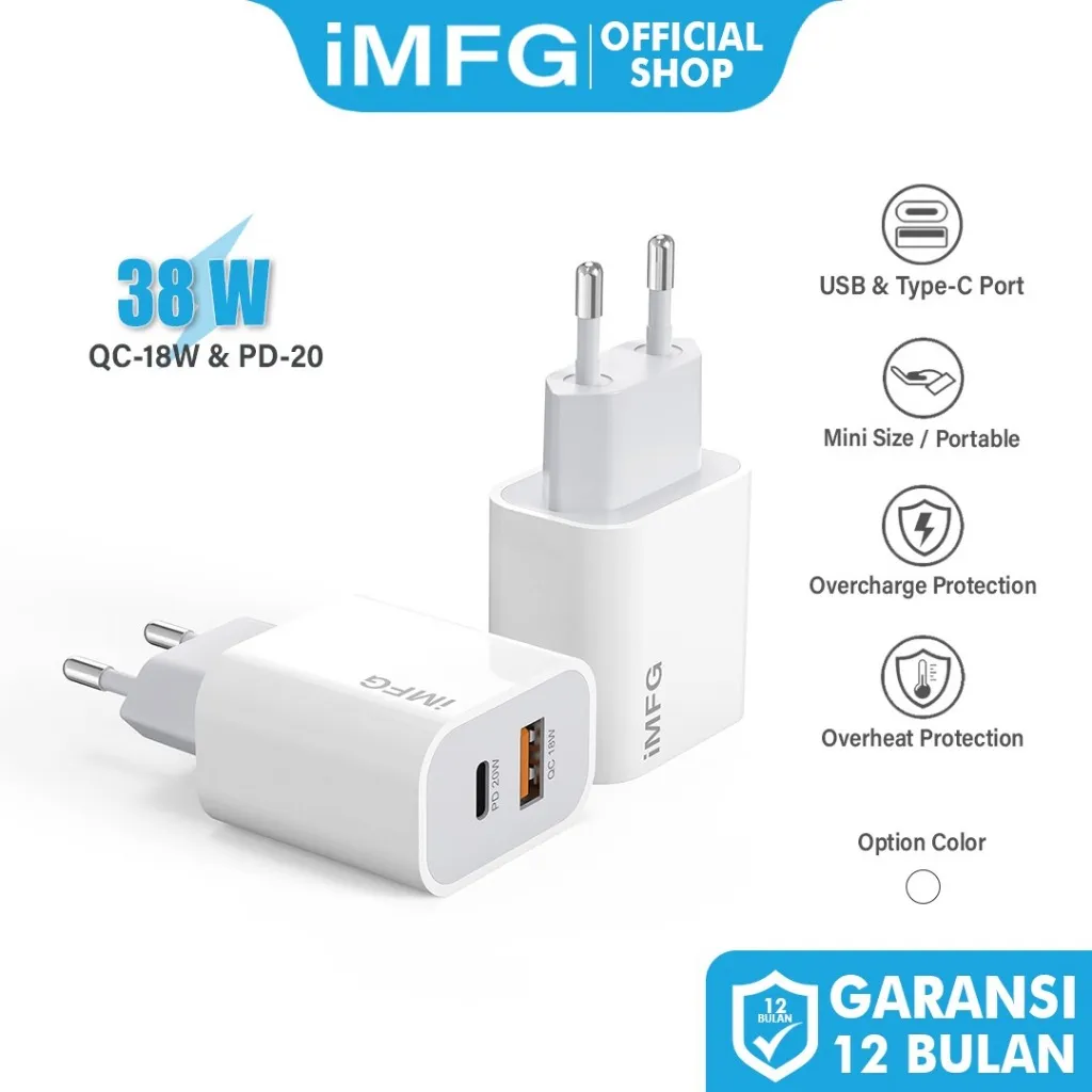 iMFG Charger  38W（QC18W& PD20W ）Fast Charging USB & Type C Charger 2 Port USB Adaptor Quick Charger Adaptor