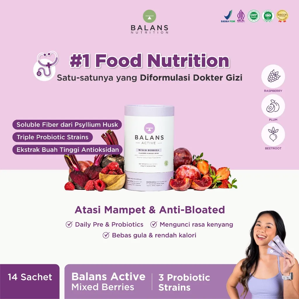 Balans Active | Mixed Berries | Fiber & Probiotics Drink - Isi 14 Sachet