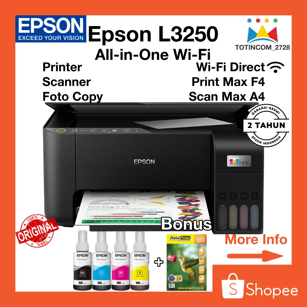 Printer F4 Epson L3251 3250 Wifi Print F4 Scan A4 Fotocopy A4 Tinta Original 3251 Garansi Resmi
