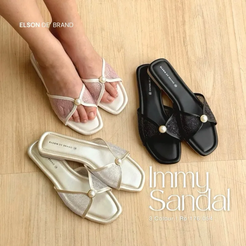 ELSON Immy Sandal Flat Wanita Elegan Viral Mutiara Jaring Premium Empuk Anti Slip