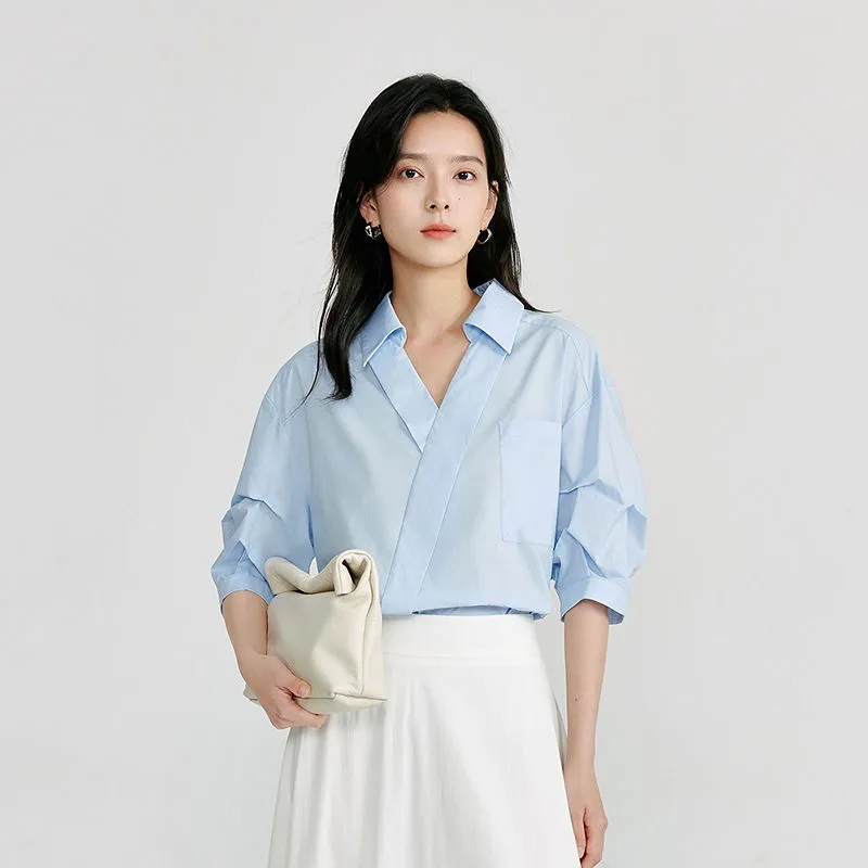 YURUMA Kemeja Lengan Pendek V-neck Gaya Korea Baru, Atasan Longgar Lengan Setengah Temperamen Prancis