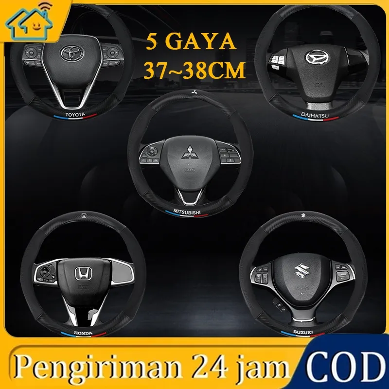 Universal Black Honda/Toyota/Daihatsu/Mitsubishi/Suzuki Cover Stir Mobil Serat kulit Elastis Sarung Setir Mobil Racing 37-38CM Asli Emboss Emblem Logo Brand  Aksesoris Interior Mobil Steering wheel cover