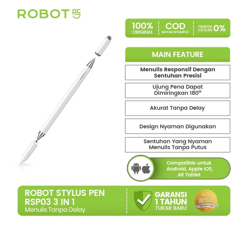 ROBOT Pulpen Ipad Stylus Pen 3 in 1 Universal Doodle Pen Stylus Capacitive Untuk iPad, Android, iPhone, Tablet, Laptop, MacBook Pena Digital Menulis & Menggambar Original Kompatibel Semua Perangkat - RSP03
