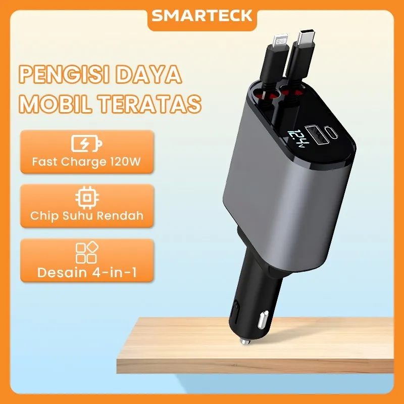 Smarteck Retractable Cable Car Charger SCH02 Colokan Mobil 4 Ports USB IOS Type C Lightning 4in1 Pengisian Cepat 120W Fast Charging Rectractable Cable