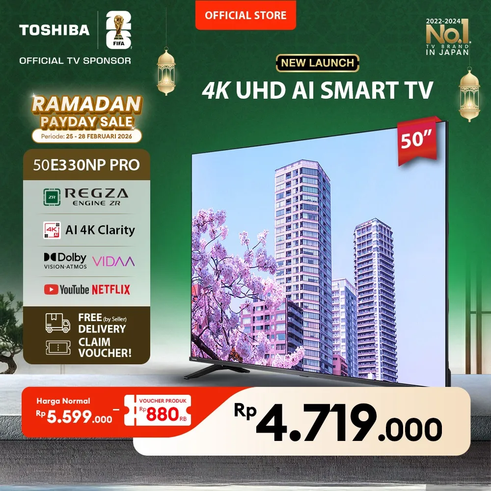 [4K] [KHUSUS ONLINE] Toshiba TV 50" 4K UHD Smart TV PRO - Regza ZR Dolby Vision Atmos HDR10+ MEMC VRR ALLM Netflix Disney+ Youtube Apple AirPlay Screen Sharing Voice Control Wifi Bluetooth 5.0 HDMI 2.1 Digital - 50E330NP PRO