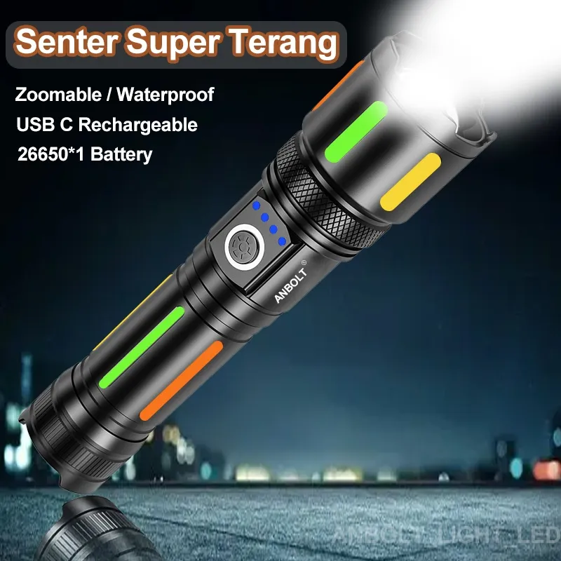 Anbolt Senter LED Super Terang Jarak Jauh Anti Air Senter LED 90000 Lumens Original USB-C Rechargeable Zoom Flashlight with 26650Baterai