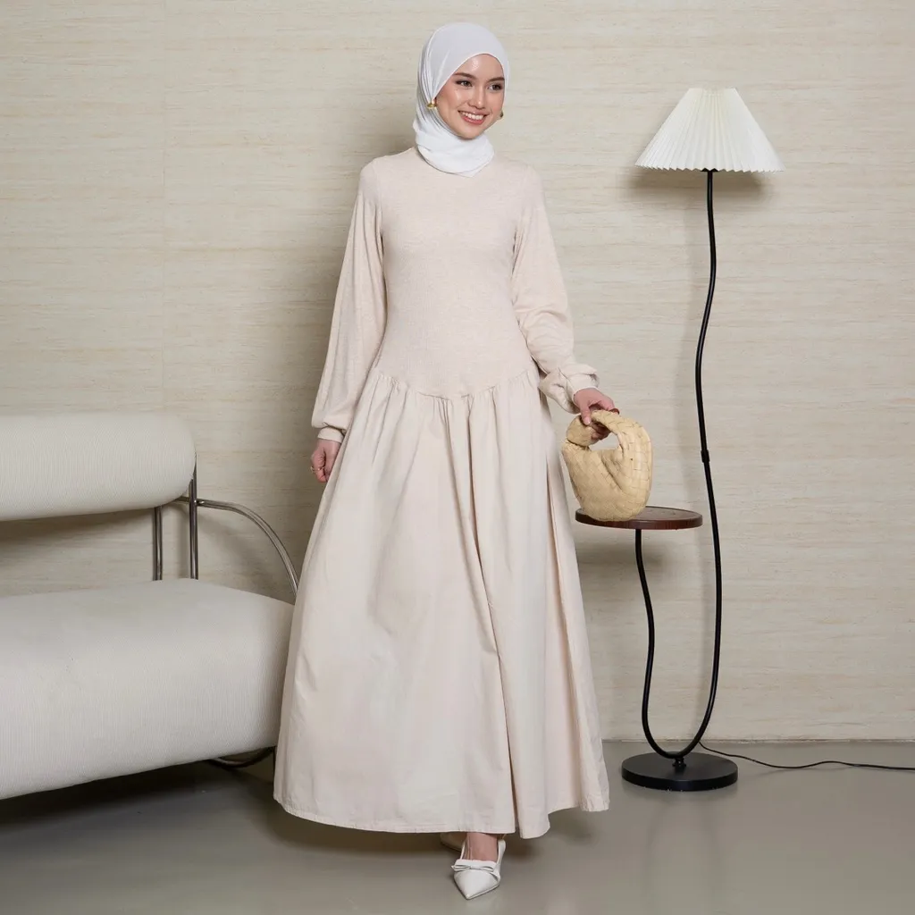 THEA DRESS | ROOHA | Dress Panjang Wanita Basic Drop Waist Dress Long Balloon Sleeves Rib Ribbed Knit Cotton Poplin Terusan Maxi Dress Long Dress