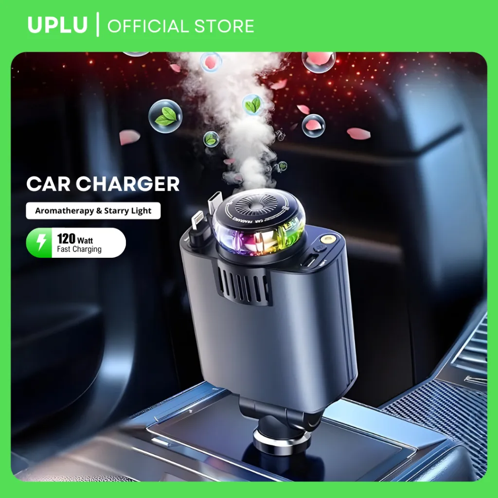 UPLU Car Charger 120w Fast Charging Colokan Mobil QC 3.0 Aromatherapy & Starry Light Type C Iphone