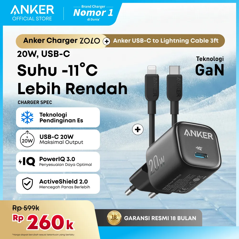 Anker 20W 30W Wall Charger Adaptor GaN USB Type C Lightning MFi Fast Charging PD for iPhone 17 16 15 14 13 Samsung Ice-Cooled Kabel 2 meter - A2149 / A2348 / A2347 / A2633 / A2699 / A2698 / B2699 / B2698