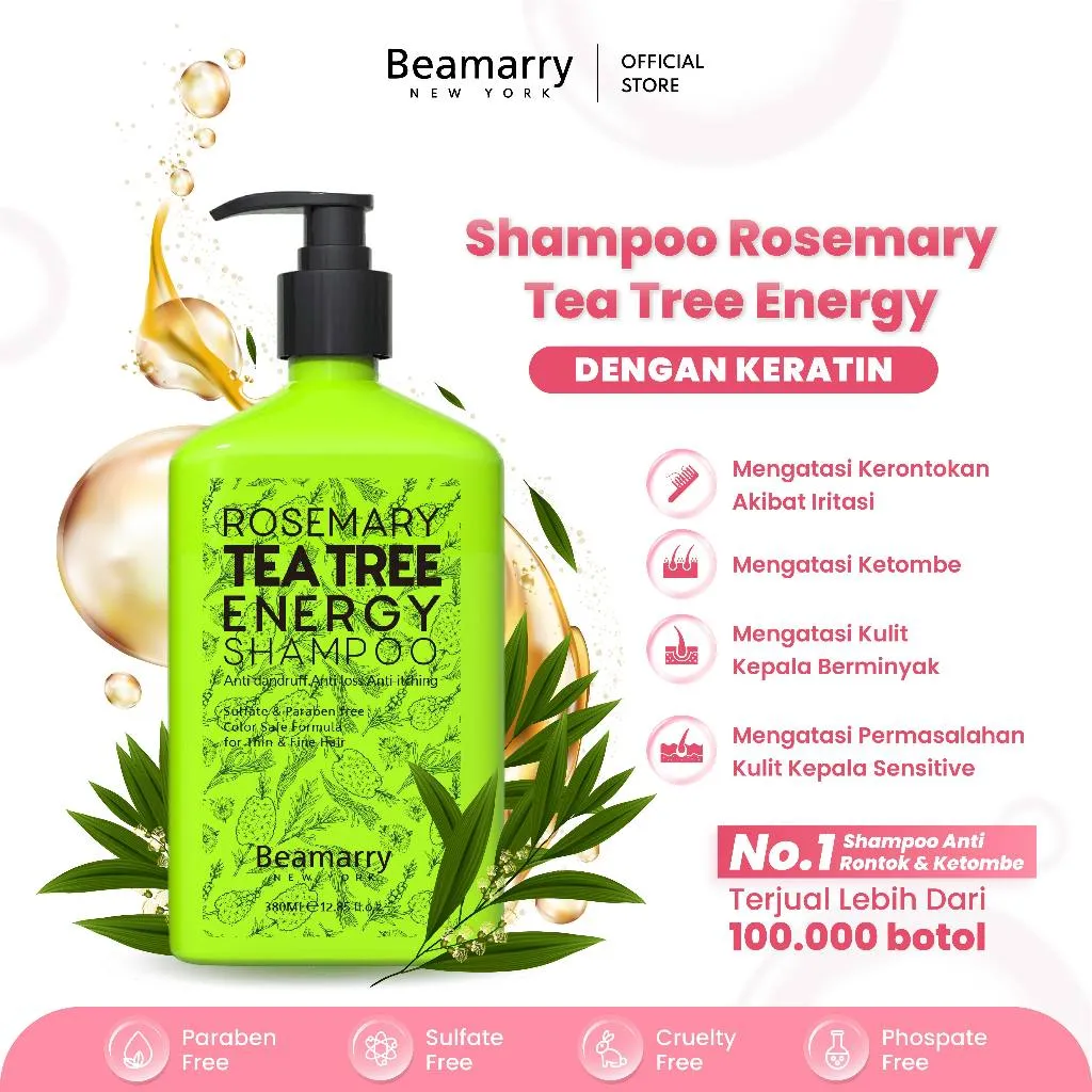 Beamarry New York Shampoo Rosemary Tea Tree Beamarry |380ml| Shampoo Anti Rontok Parah – Hair Growth – Anti Ketombe – Penguat Akar Rambut |BPOM – No SLS – No Phospate – No Paraben – Untuk Kulit Kepala Sensitive|