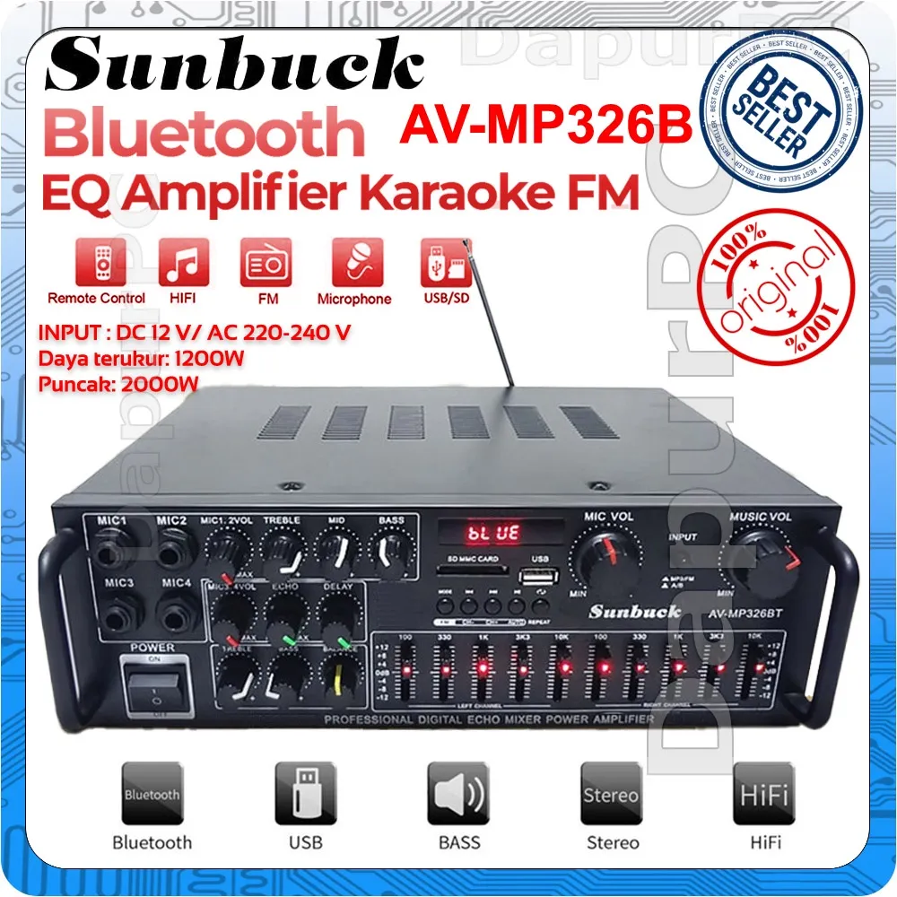 Amplifier Bluetooth EQ 2000W Audio Home Theater FM Radio AV-326BT
