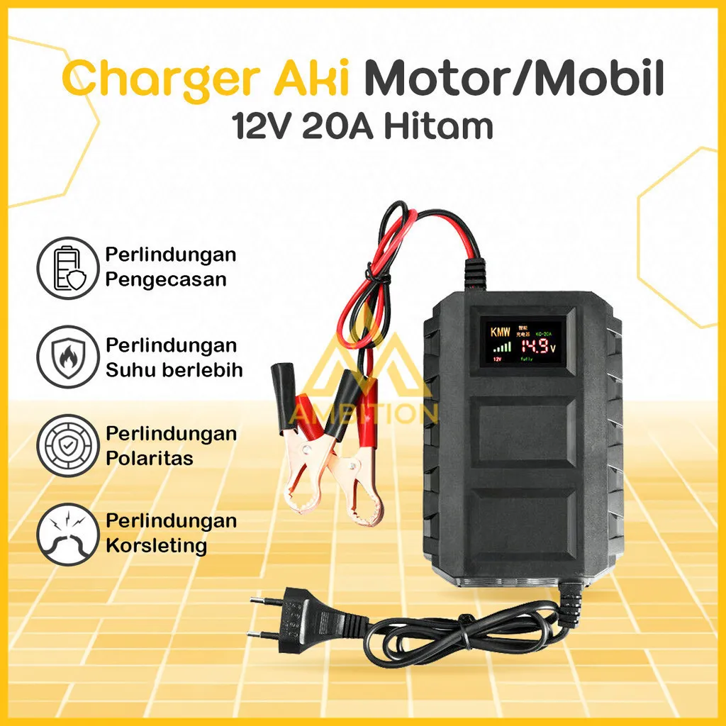 [BISA BAYAR DITEMPAT] Charger Aki Mobil Motor 12V 20A Smart Intelligent Chip LCD Indicator