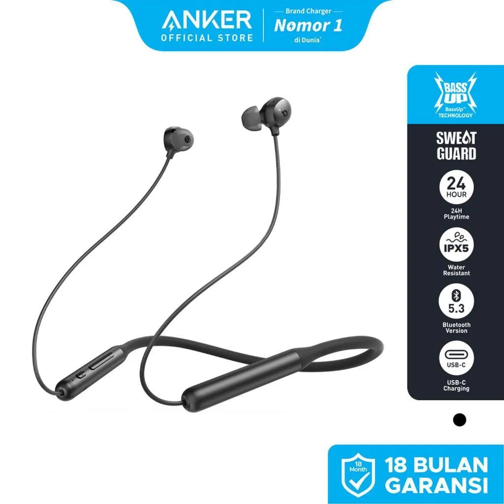 Soundcore by Anker Life U2i Wireless Neckband Headphones, 10mm Drivers with BassUp Technology, 24H Playtime, AI-Enhanced Calls, Foldable and Lightweight, IPX5 Water-Resistant, Secure Fit, Bluetooth 5 - A3213 Hitam