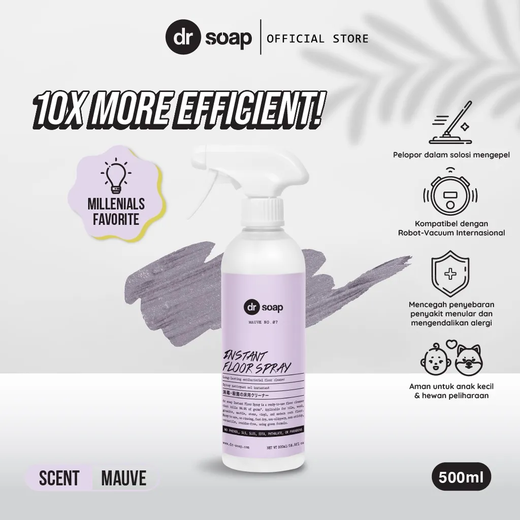 dr soap Instant Floor Spray (Mauve) 500ml | Cairan Pembersih Segala Jenis Lantai Anti Lengket Aman untuk Robot Vacuum