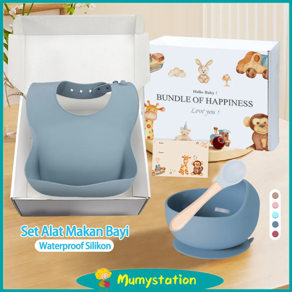 Mumystation Set Alat Tempat Mangkuk Lengkap Makan Silicon Anak Celemek Makan Bayi Bibs Waterproof Bpa Free