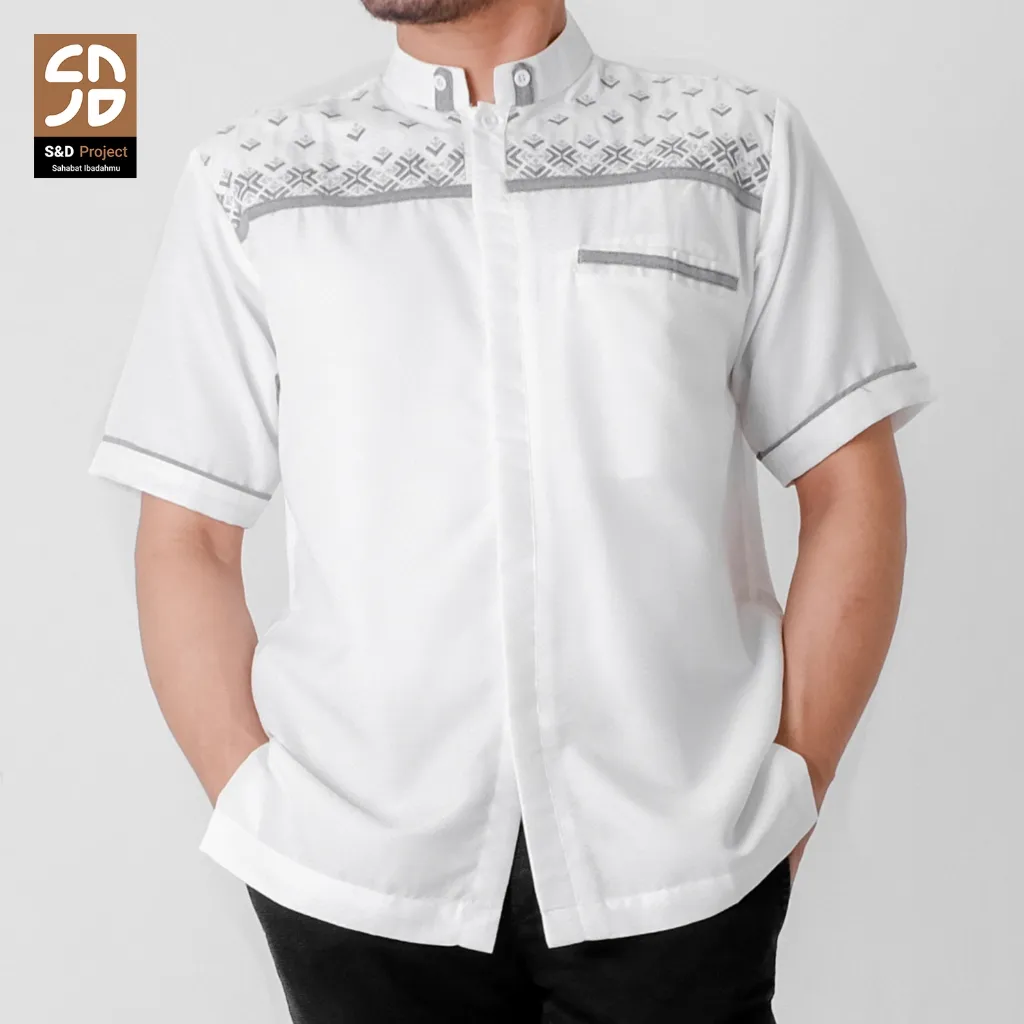 S&D PROJECT Koko Muslim Seri 20 Bordir Polikatun Putih Tulang Jumbo S-4XL Pria Dewasa Lengan Pendek