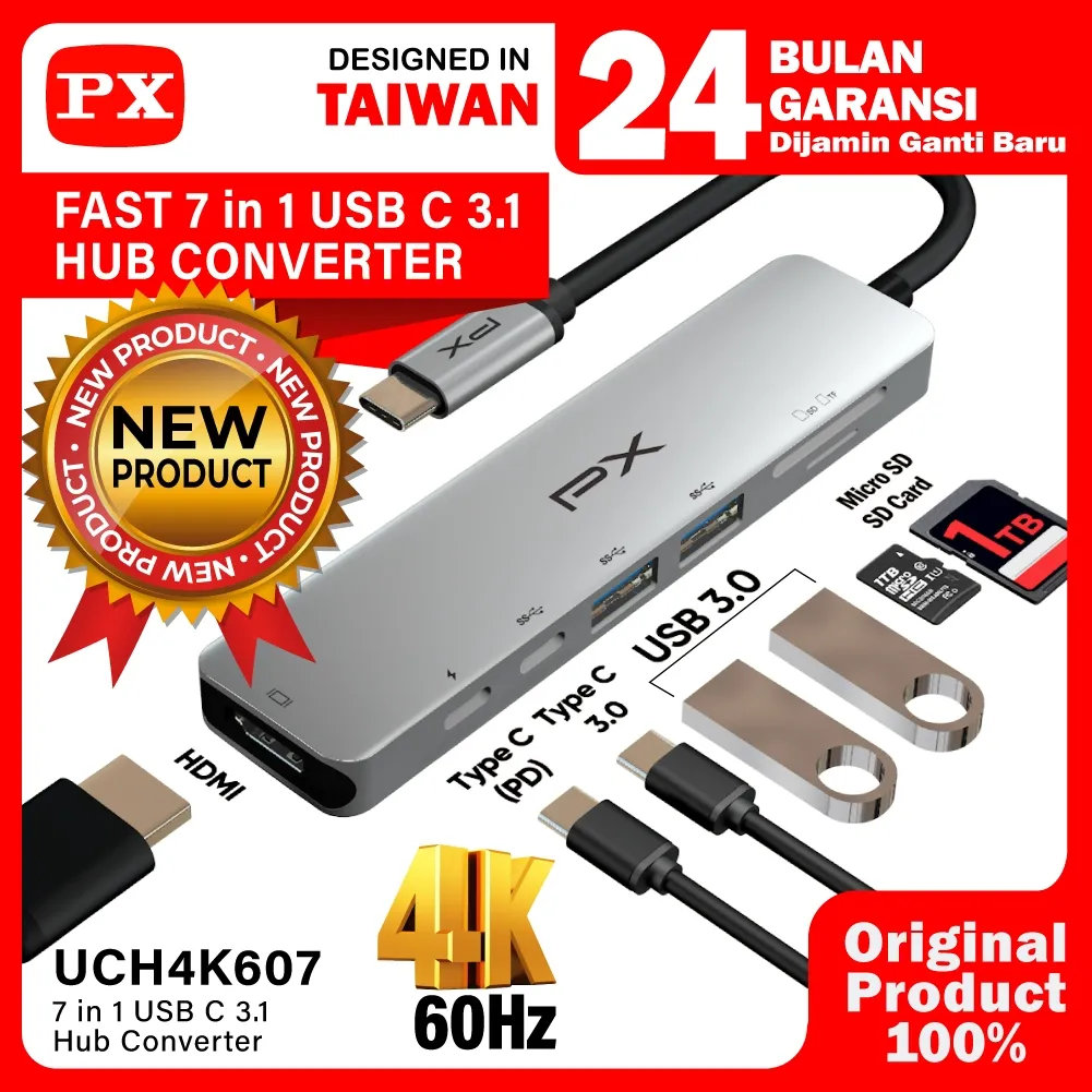 USB Hub Converter Type C 3.1 Macbook HDMI 7 in 1 PX UCH4K607