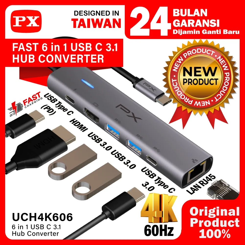 USB Type C 3.1 Type C Hub Converter HDMI 4K 60Hz USB 3.0 Type C LANRJ45 Laptop Macbook 6 in1 PX UCH4K606