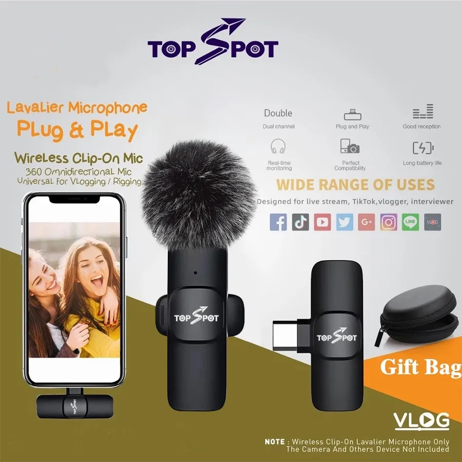 Topspot Mikrofon Nirkabel Lavalier Mic Portabel Audio Video pembuatan Rekaman Wireless Microphone HP Klip Untuk IPhone Android Live Game Mobile