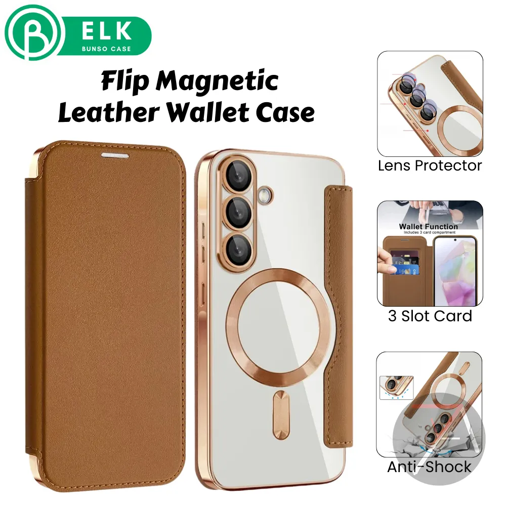 Bunso ELK Flip Case untuk Samsung Galaxy A17 A56 A36 A26 A55 5G Premium Leather Magnetic Magsafe Kulit Wallet Slot Kartu Dompet Cover Casing