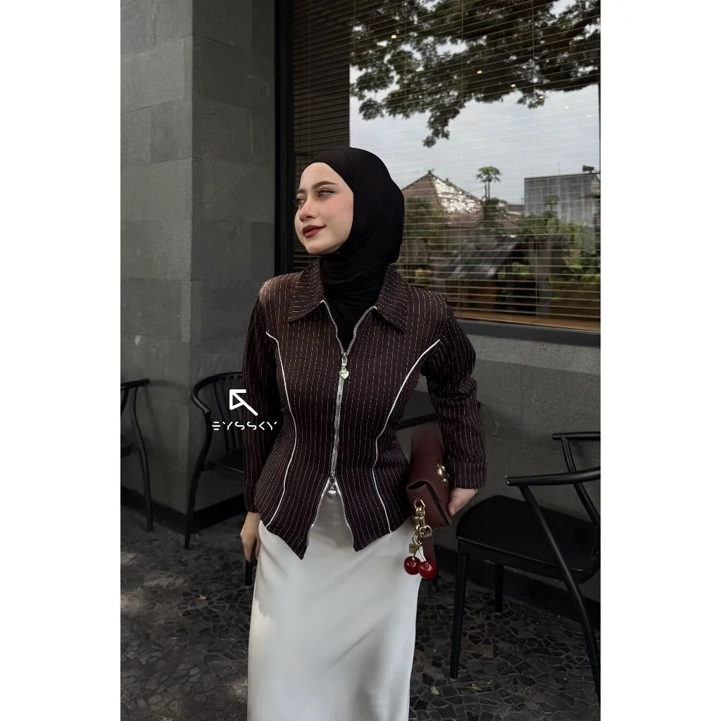 E Y S S K Y - Dyffa Zipper Shirt Stripe Fitted Korean Style