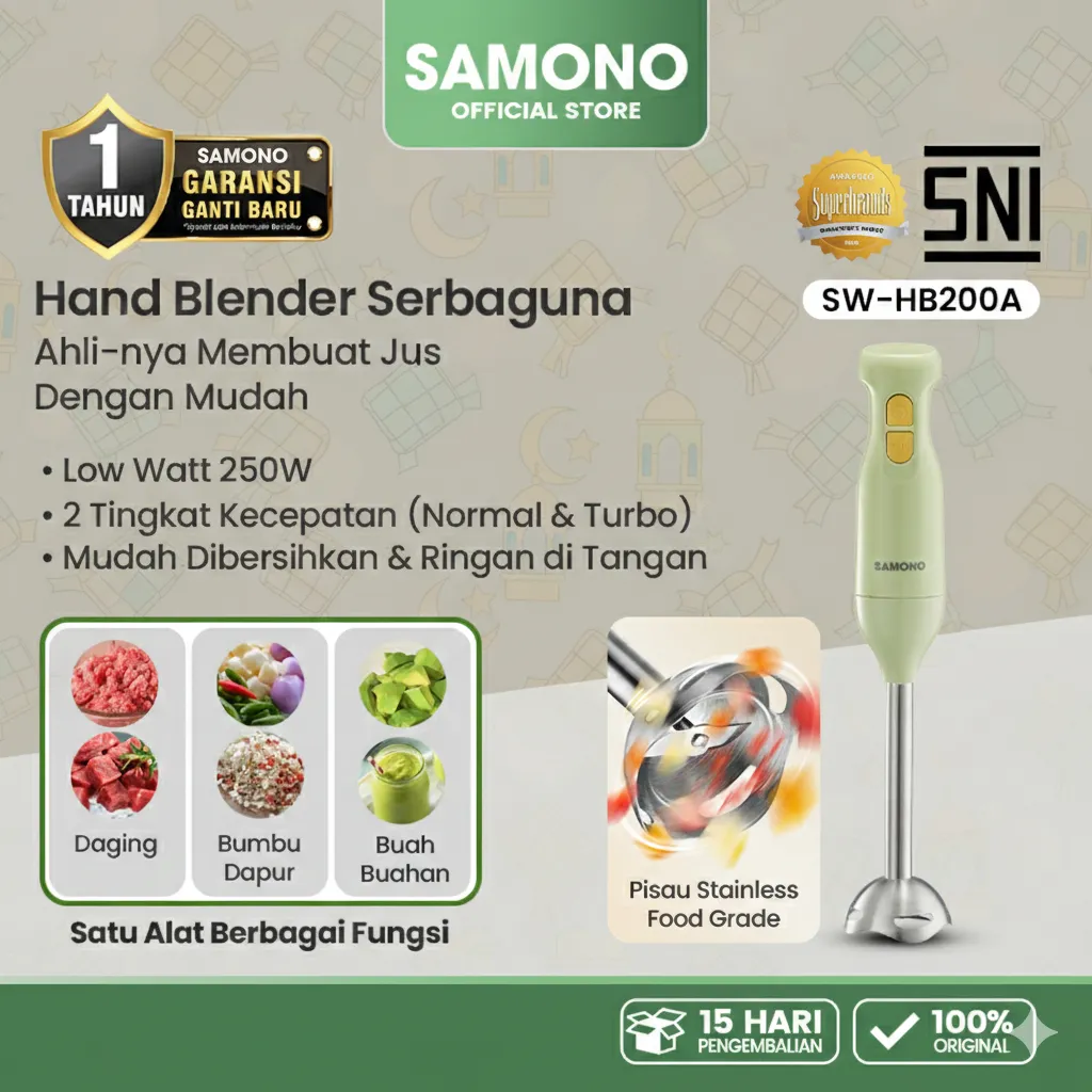 SAMONO Hand Blender Pisau Tajam Stainless 304 Dua Mode Kecepatan Low Watt 250W Bentuk Ergonomis Ringan Portable Blender Jus Buah Sehat SW-HB200A