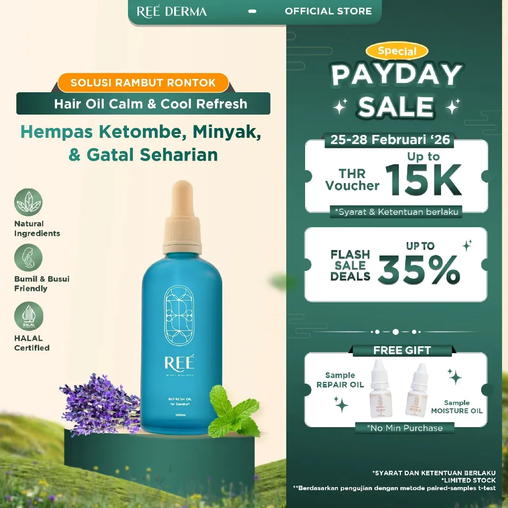 Ree Derma Calm & Cool Refresh Hair Oil - Perawatan untuk Rambut Berketombe dan Rontok dengan Peppermint Oil dan Eucalyptus Oil - Cocok untuk kulit kepala sensitif - Treatment Anti Dandruff