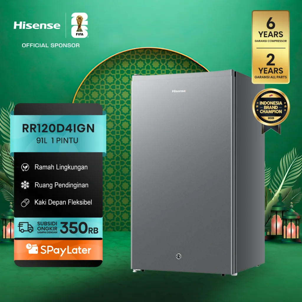 Hisense Kulkas RR120D4IGN Refrigerator Mini Bar Kapasitas 91L 1 Pintu Warna Black 2L Rak Muat Ukuran Botol Ramah Lingkungan Ruang Pendinginan Kaki Depan Dapat Disesuaikan Compact Size Separate Chiller