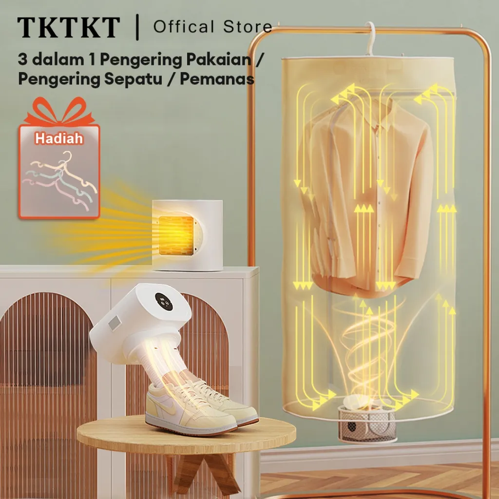 TKTKT 3 in 1 Mesin Pengering Pakaian 600W Electric Clothes Dryer pengering baju portable Pengering Sepatu Elektrik Room Heater Fungsi kendali jarak jauh dan pengatur waktu