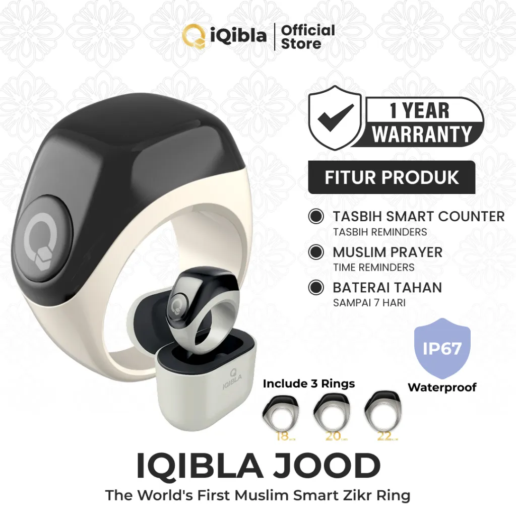 iQibla Zikr Ring Jood J01 Smart Tasbih Digital Hitung Zikir Harian Muslim Modern Baterai Tahan Lama Cincin Zikir With Charging Dock Gray/Silver