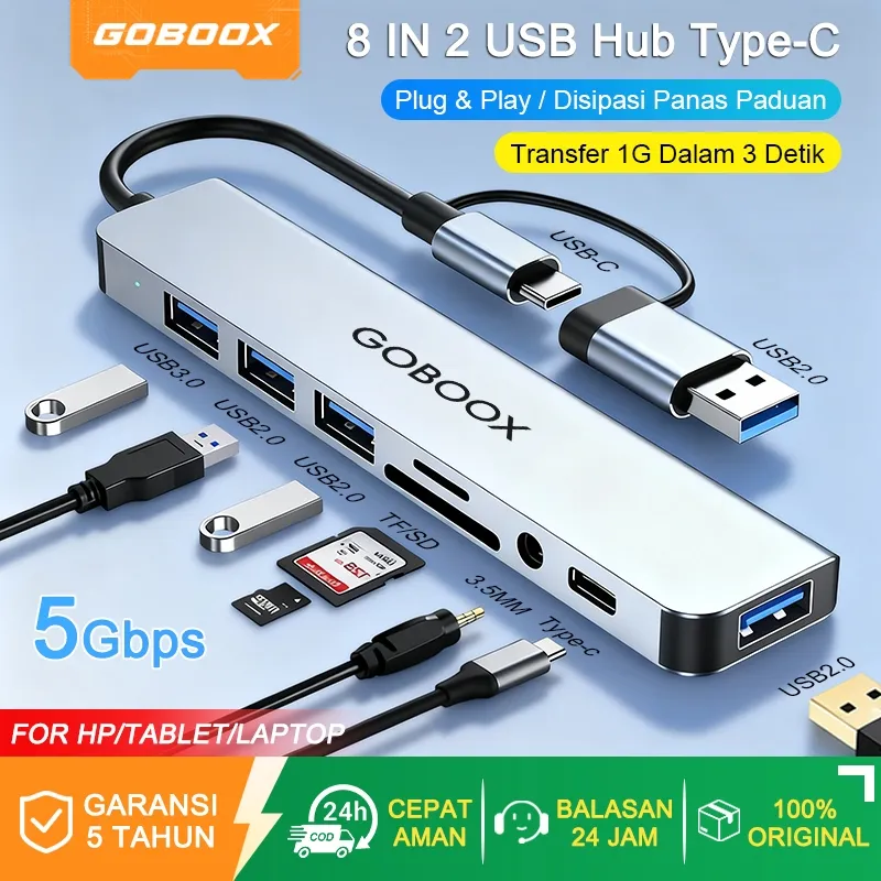 GOBOOX Usb Hub Type C Aluminium 8 IN 2 USB*5+SD/TF Card Reader+3.5MM Audio Converter Laptop Docking Station Adaptor Usb Otg Type c