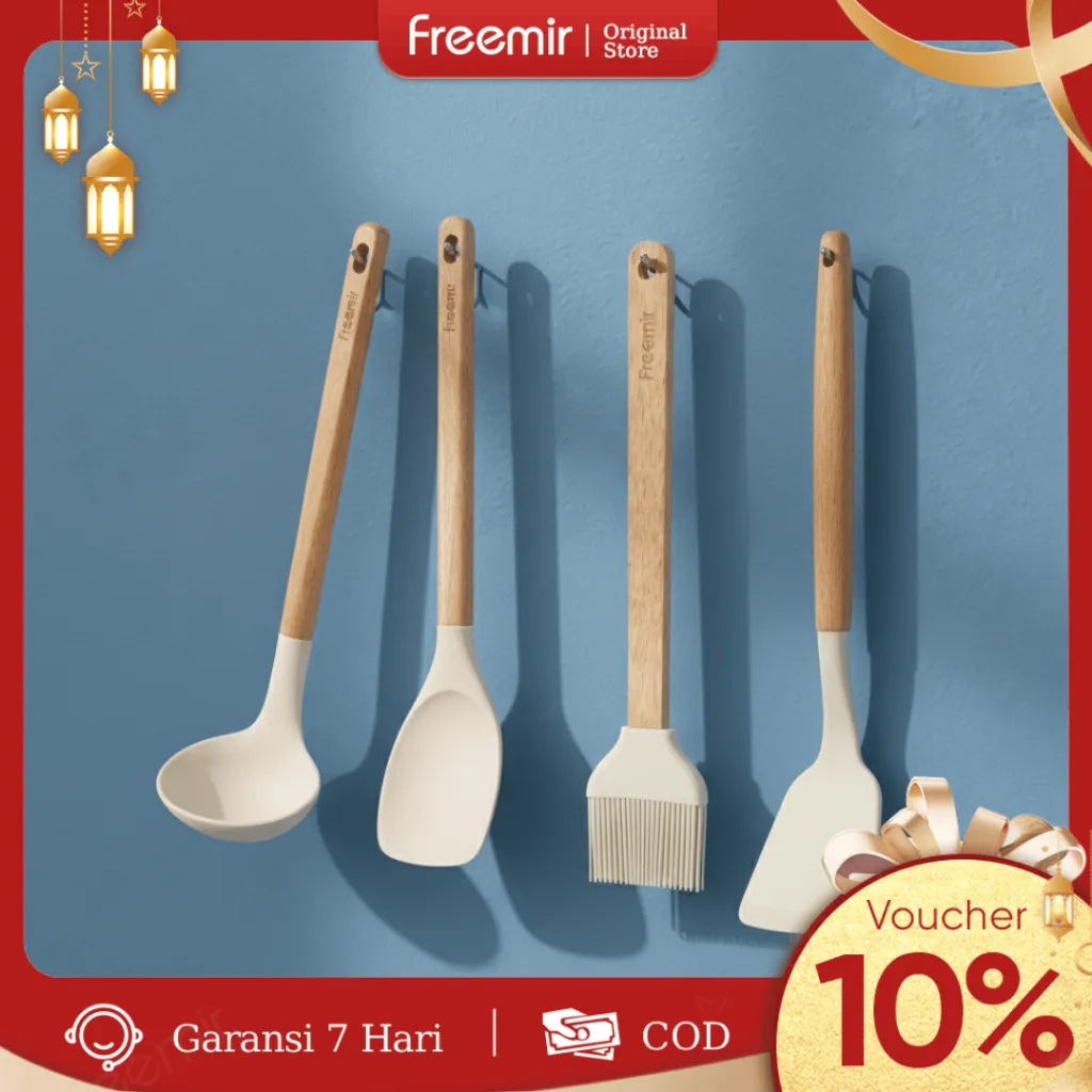 freemir original Spatula Silicon Tahan Panas Gagang Kayu Anti Leleh Sendok Silikon