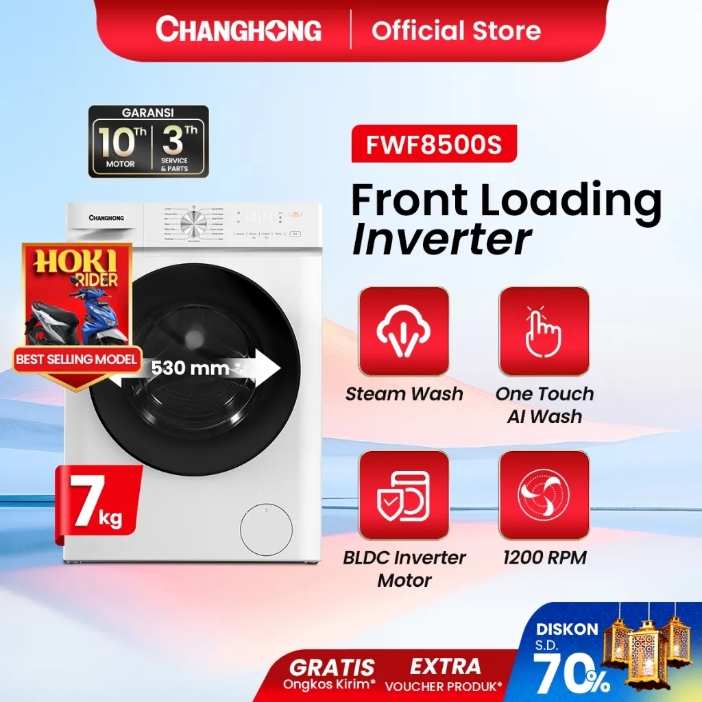[New Arrival] Changhong Mesin Cuci Smart Inverter Front Loading Kapasitas 7 kg Model FWF8500S - Bukaan Depan
