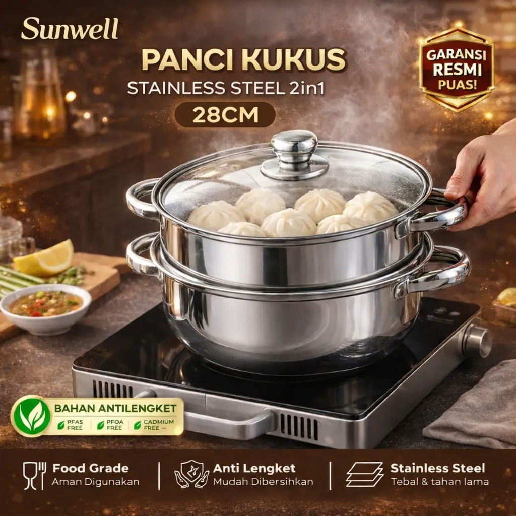 Sunwell Panci Kukus Stainless 316 28cm 2 Susun Steamer 2 Tingkat Tutup Kaca Anti Karat Food Grade Kompor Induksi & Gas Serbaguna Kukusan Bakpau Sayur MPASI Ibu Bayi Panci Kukus Stainless Premium