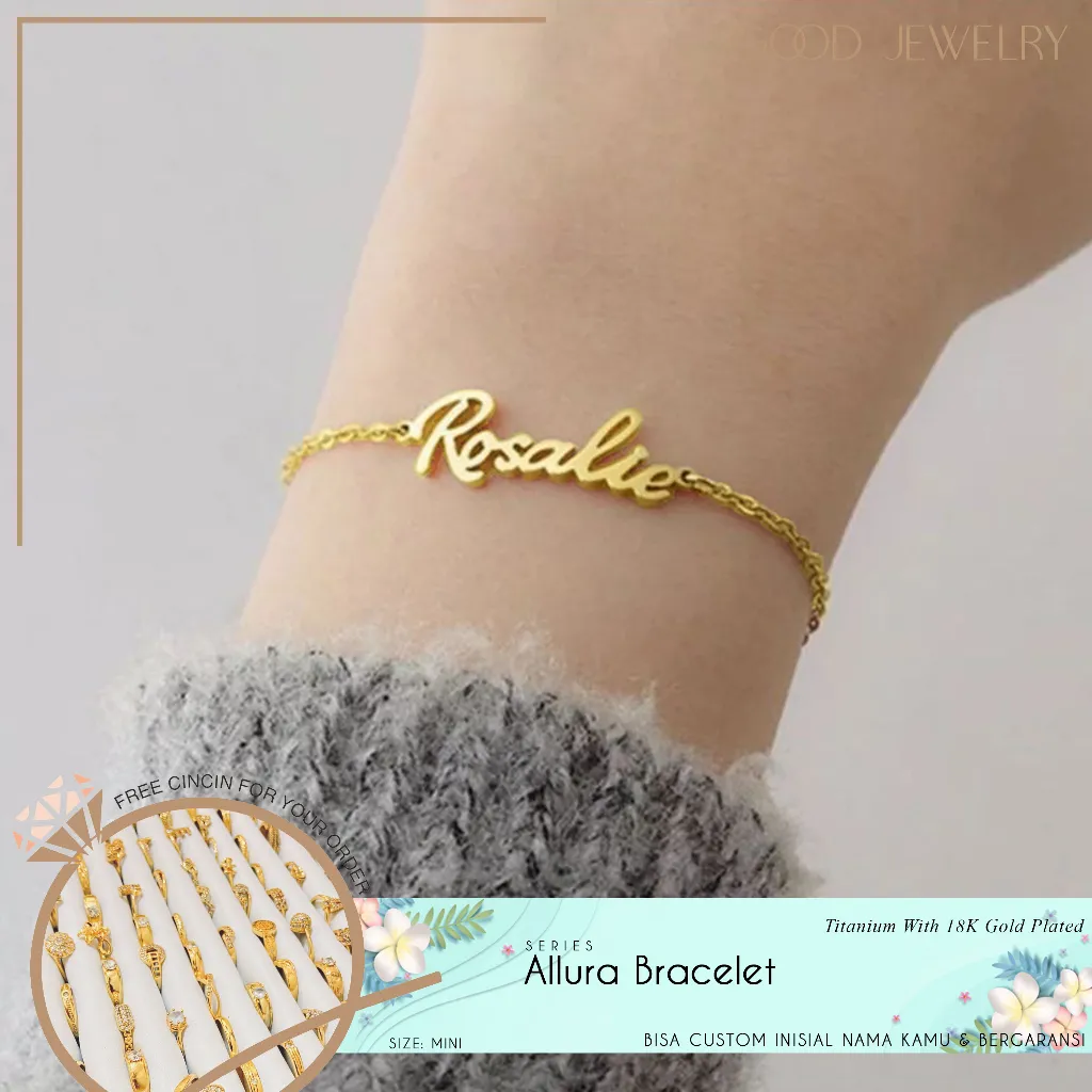 Good Jewelry – Gelang Nama Titanium Anti Karat 18K Gold Plated Aksesoris Kustom Nama / Rosalie